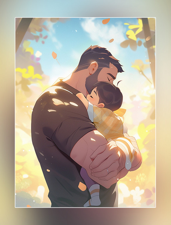 父亲节海报平面插图强壮的父亲抱着可爱的孩子在户外暖色插画