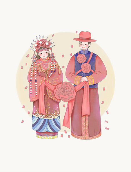 春节腊月过年喜事结婚传统新郎新娘复古人物