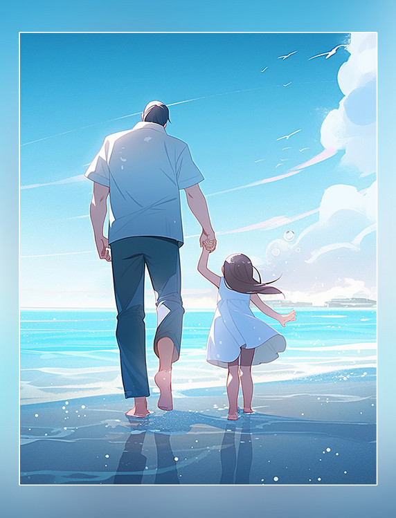 在海边暖色插画父亲节海报平面插图强壮的父亲和可爱的孩子