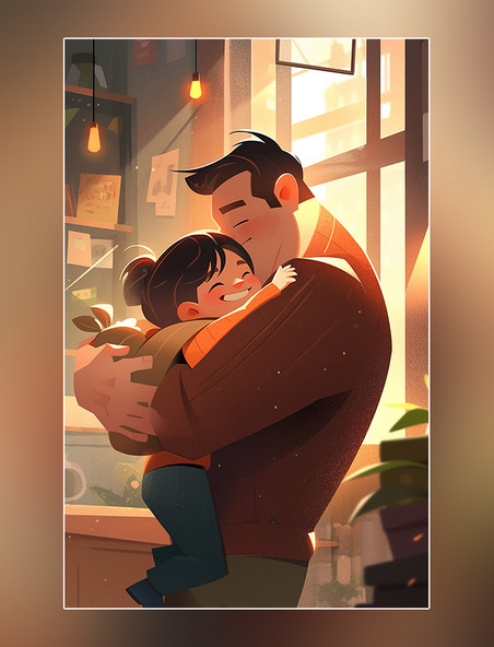 暖色插画父亲节海报平面插图强壮的父亲抱着可爱的孩子室内