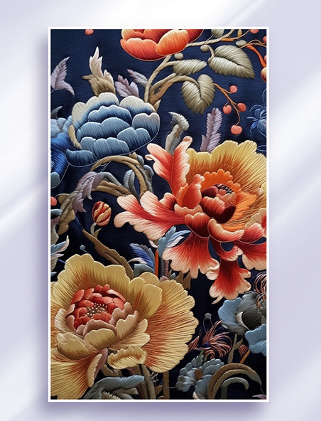 彩色中国风刺绣风花卉牡丹背景3