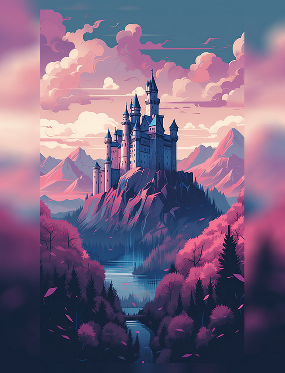 欧洲城堡城堡扁平矢量海报插画
