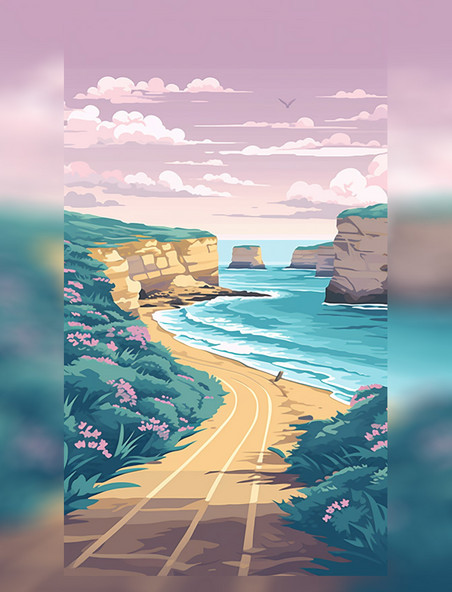 澳大利亚大洋路扁平矢量海报插画