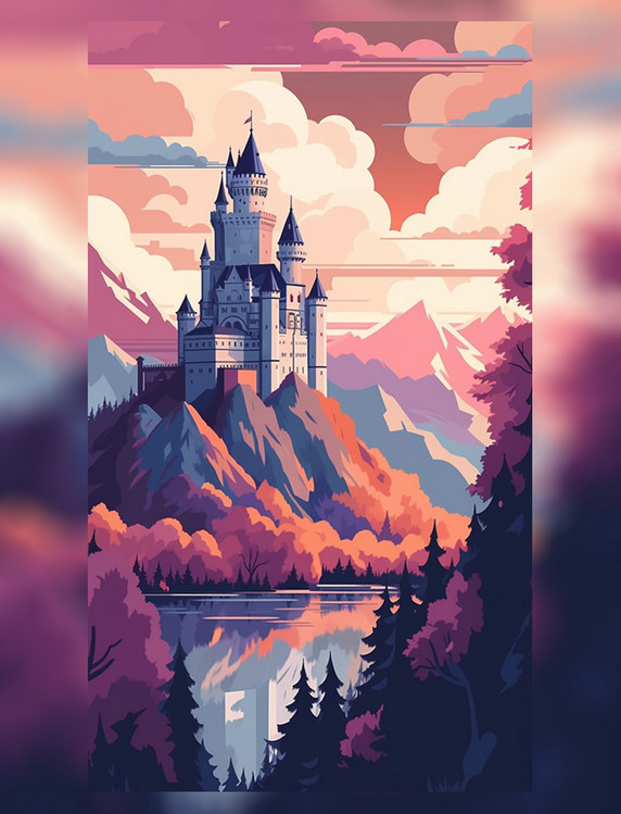 欧洲城堡城堡扁平矢量海报插画