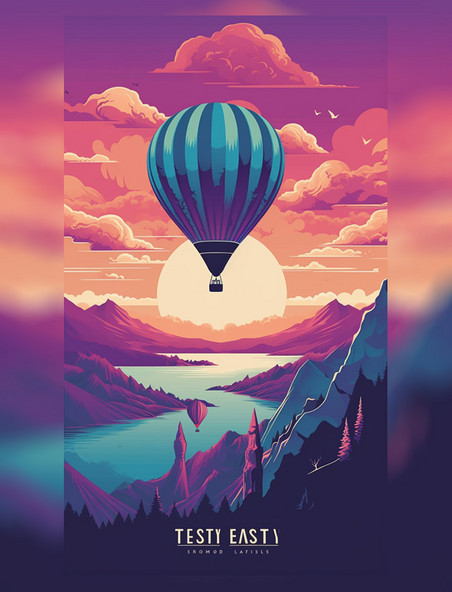 夕阳土耳其热气球扁平矢量海报插画