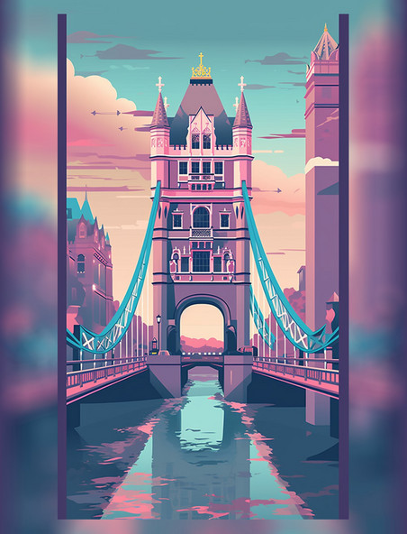 英国塔桥扁平矢量海报插画