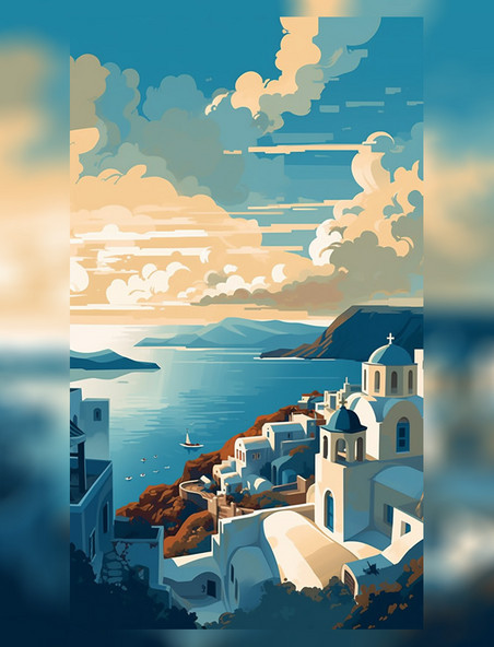 爱琴海旅游扁平矢量海报插画