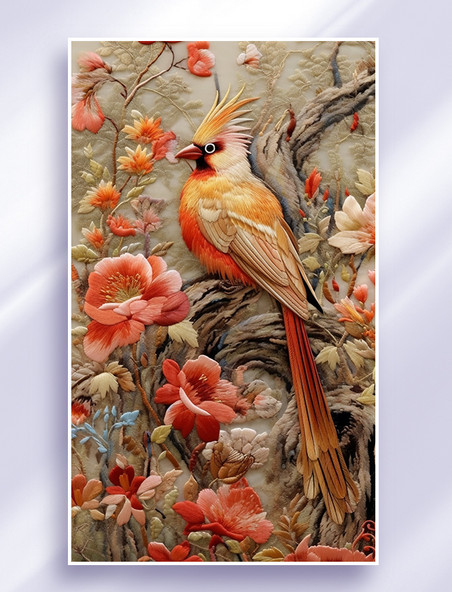 彩色中国风刺绣风花卉牡丹鸟背景1
