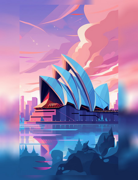 澳大利亚悉尼歌剧院扁平矢量海报插画 
