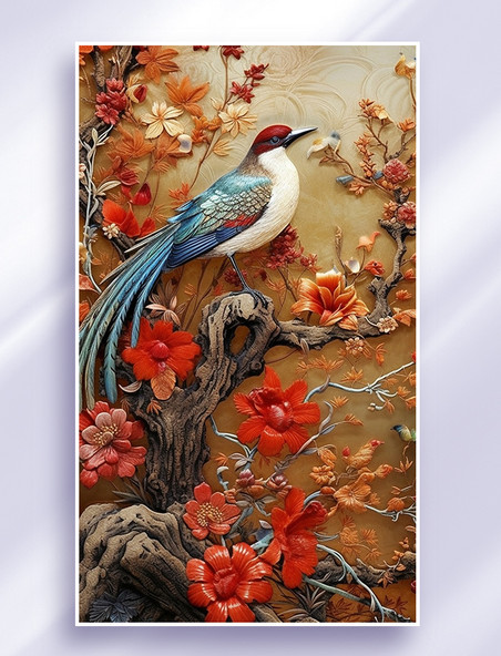 彩色中国风刺绣风花卉牡丹鸟背景4