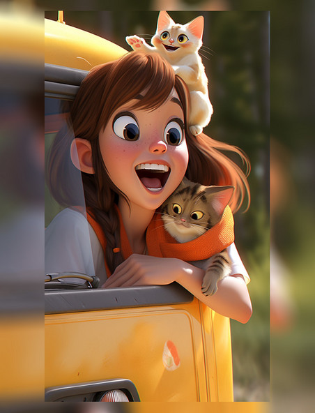 开心的女孩带着猫去露营旅行旅游旅行出游宠物