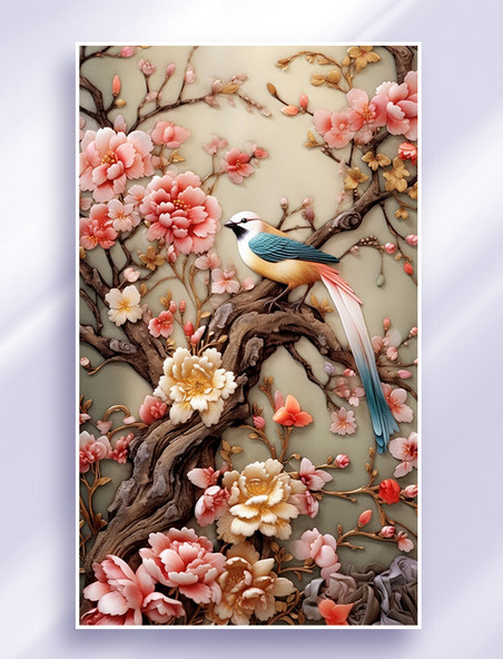 彩色中国风刺绣风花卉牡丹鸟背景5