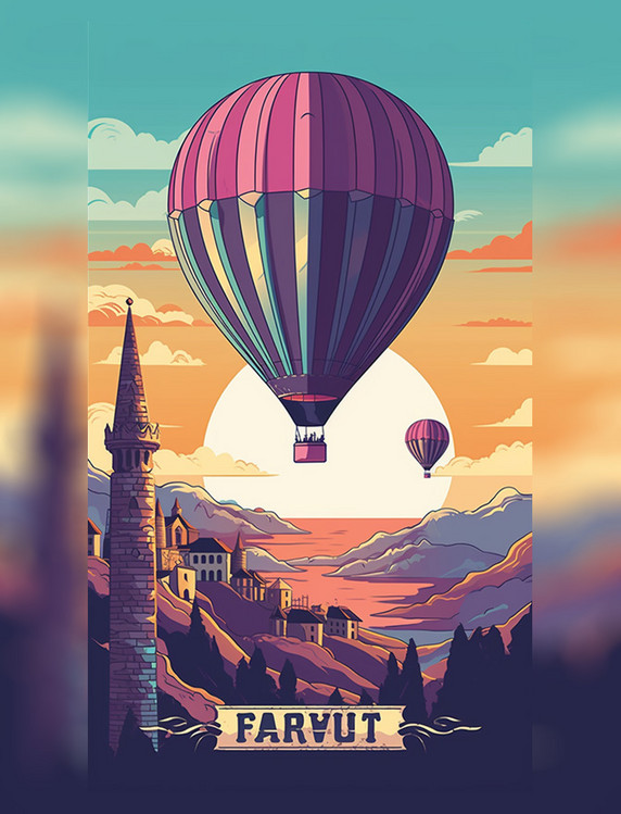 土耳其热气球扁平矢量海报插画