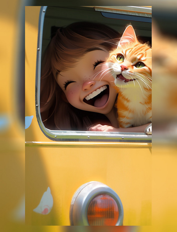 开心的女孩带着猫去露营旅游旅行出游宠物