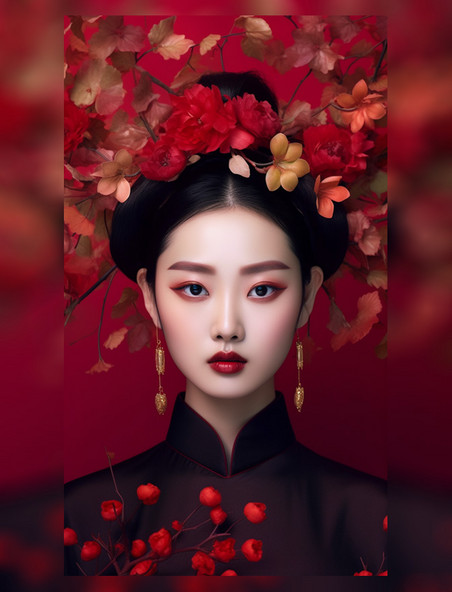 中国红美女模特美妆人物上半身特写