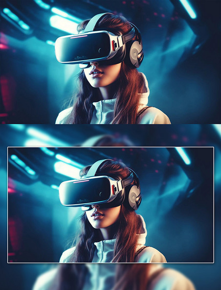 戴VR镜体验虚拟现实的女孩科技元宇宙探索游戏