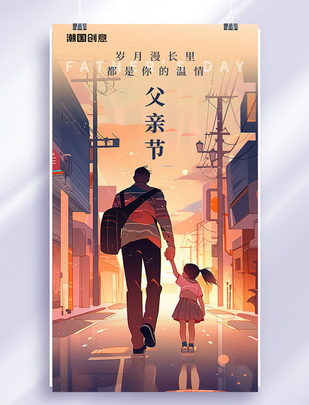 父亲节海报平面插图强壮的父亲和可爱的孩子在路上背影暖色插画海报
