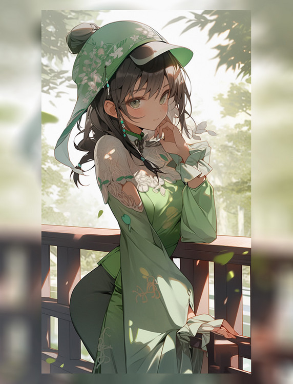 绿衣汉服女孩戴着帽子着插画 
