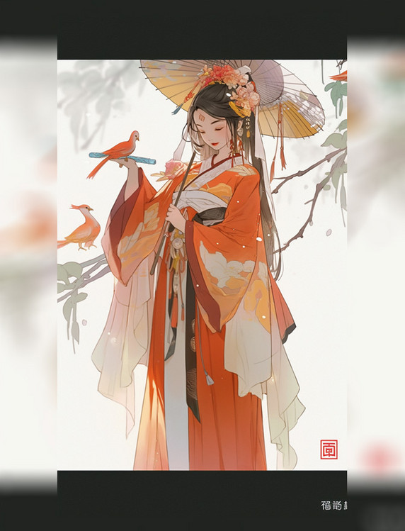 撑伞古风橙色红色衣汉服女孩插画中国风