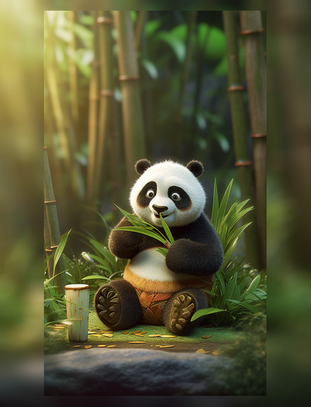 毛茸茸大熊猫竹林吃竹子