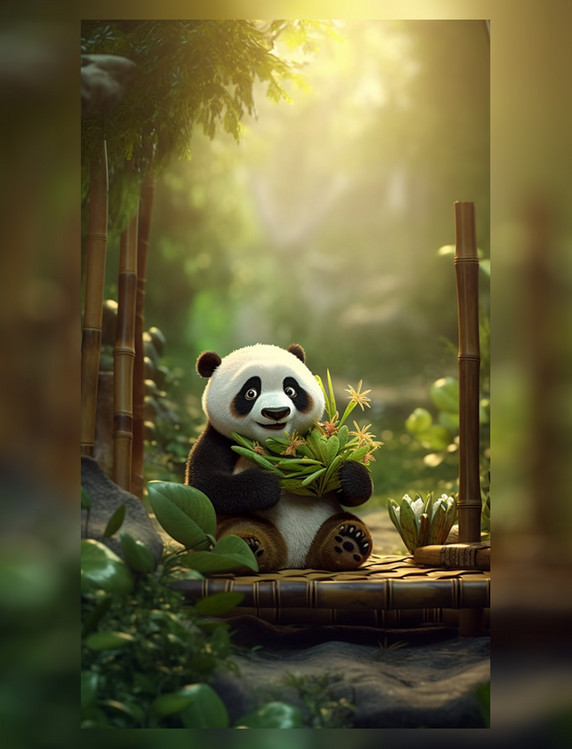 清晨大熊猫竹林吃竹子