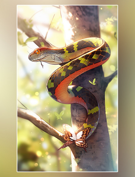 动物森林背景树林摄影图动物蛇在树上特写蛇