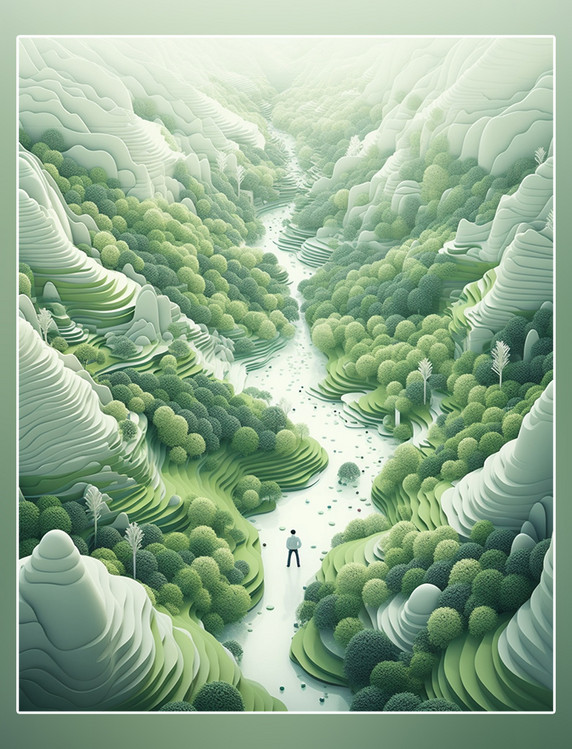 抽象背景春天背景绿色背景山水树木人物梯田