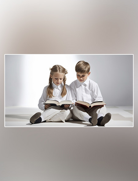 学习小学生穿着校服坐在地上旁边有书本白色背景摄影图教学培训读书