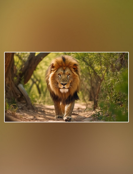 摄影图狮子在森林里行走野生动物狮子森林背景