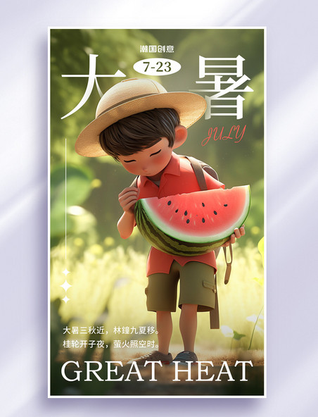 大暑24节气男孩吃西瓜节气海报