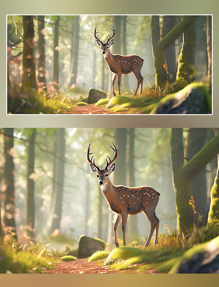 森林背景树林摄影图野生动物梅花鹿在森林里面行走特写梅花鹿动物