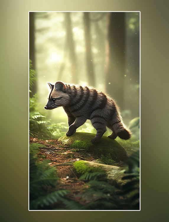 特写斑林狸动物森林背景树林摄影图野生动物斑林狸在森林里面行走