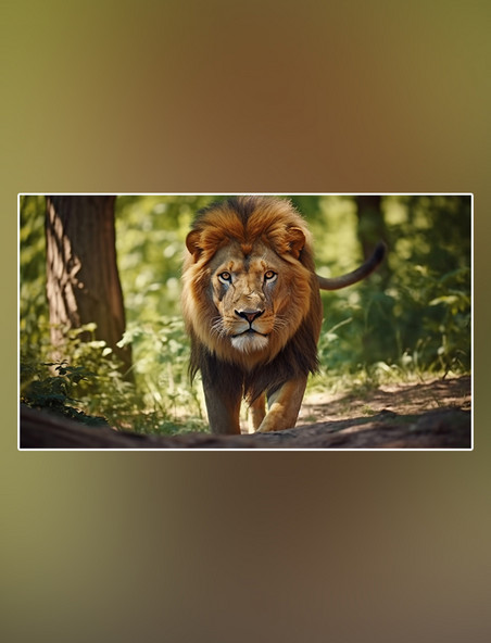 狮子在森林里行走野生动物狮子森林背景摄影图