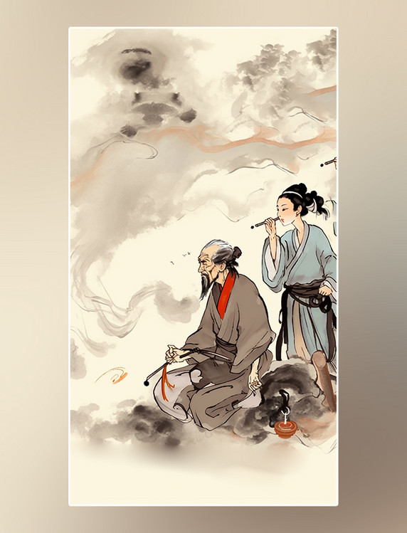 水墨古风人物教育类老师和学生水墨风格