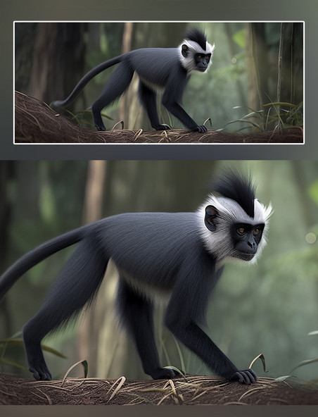 野生动物长尾叶猴在森林里面行走特写长尾叶猴动物森林背景树林摄影图