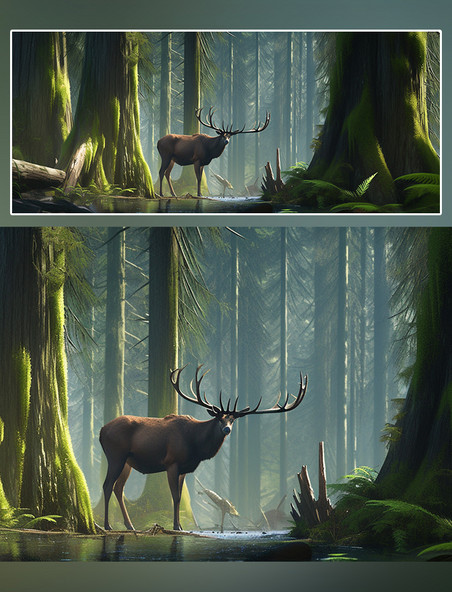 森林背景树林摄影图野生动物麋鹿在森林里面行走特写麋鹿动物