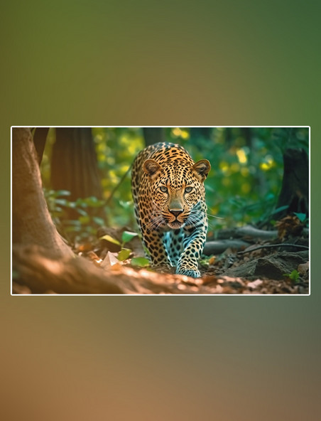 豹子在森林里行走野生动物豹子森林背景摄影图