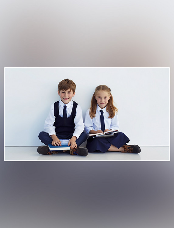 读书学习教学培训小学生穿着校服坐在地上旁边有书本白色背景摄影图