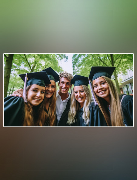  一群毕业季大学生戴着学士帽摄影图