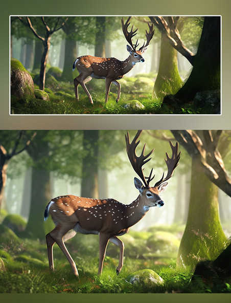 野生动物梅花鹿在森林里面行走特写梅花鹿动物森林背景树林摄影图