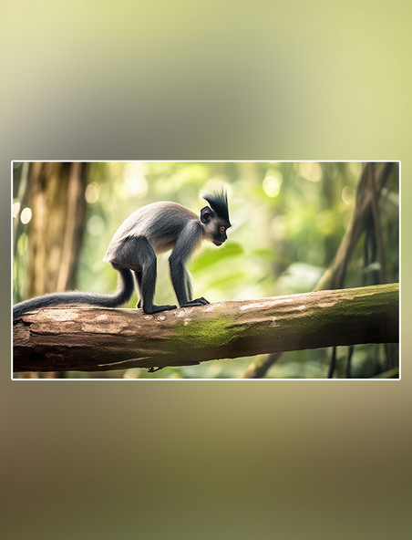 长尾叶猴在森林里面行走特写长尾叶猴动物森林背景树林摄影图野生动物
