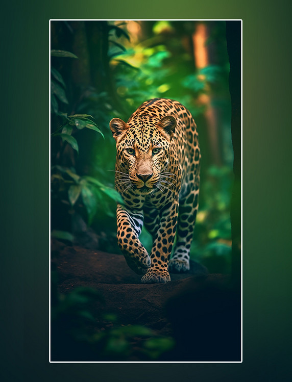 野生动物豹子在森林里行走豹子森林背景摄影图