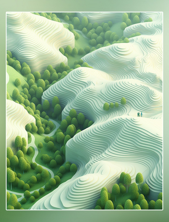 抽象背景梯田春天背景绿色背景山水树木人物