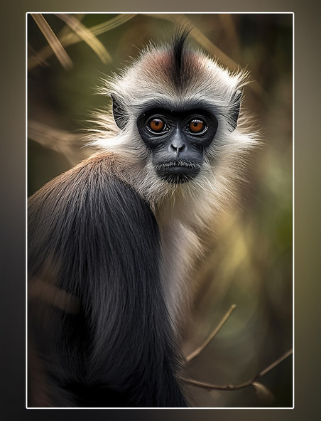 摄影图野生动物长尾叶猴在森林里面行走特写长尾叶猴动物森林背景树林