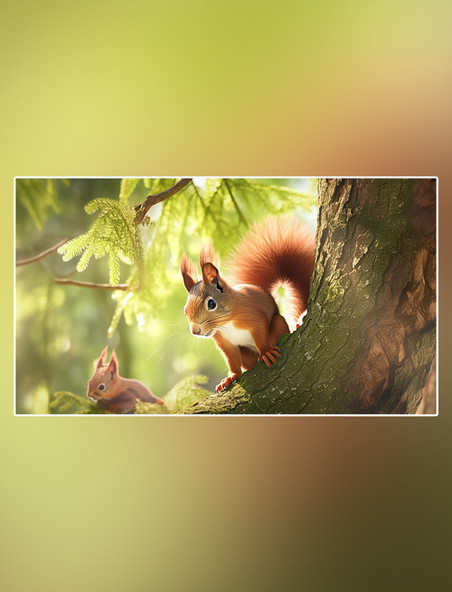 野生动物松鼠在森林里面行走特写松鼠动物森林背景树林摄影图