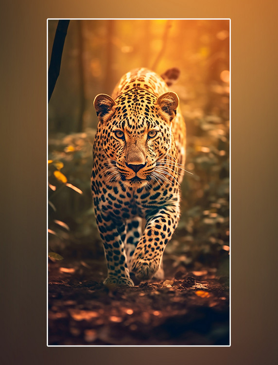 野生动物豹子森林背景摄影图豹子在森林里行走