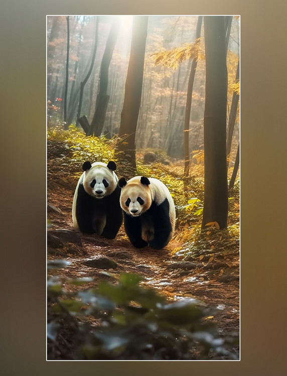 熊猫在森林里面行走特写熊猫动物森林背景树林摄影图野生动物