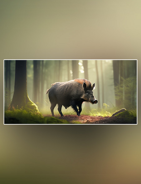 野生动物野猪在森林里面行走特写野猪动物森林背景树林摄影图