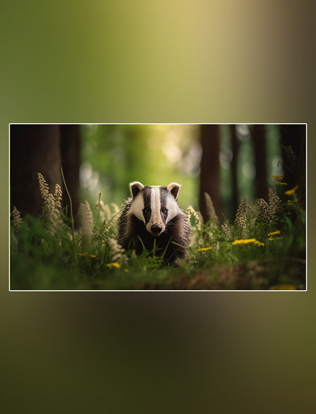 摄影图野生动物狗獾在森林里面行走特写狗獾动物森林背景树林