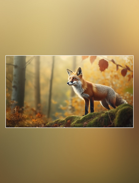 狐狸在森林里面行走特写狐狸动物森林背景树林摄影图野生动物